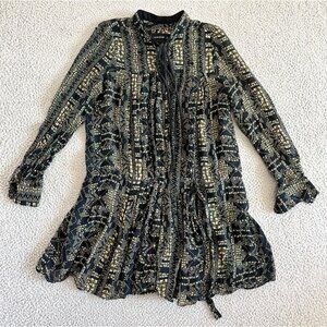 Calvin Rucker 100% Silk Top Blouse Tunic Pleated‎ Sheer Belted Black Gold